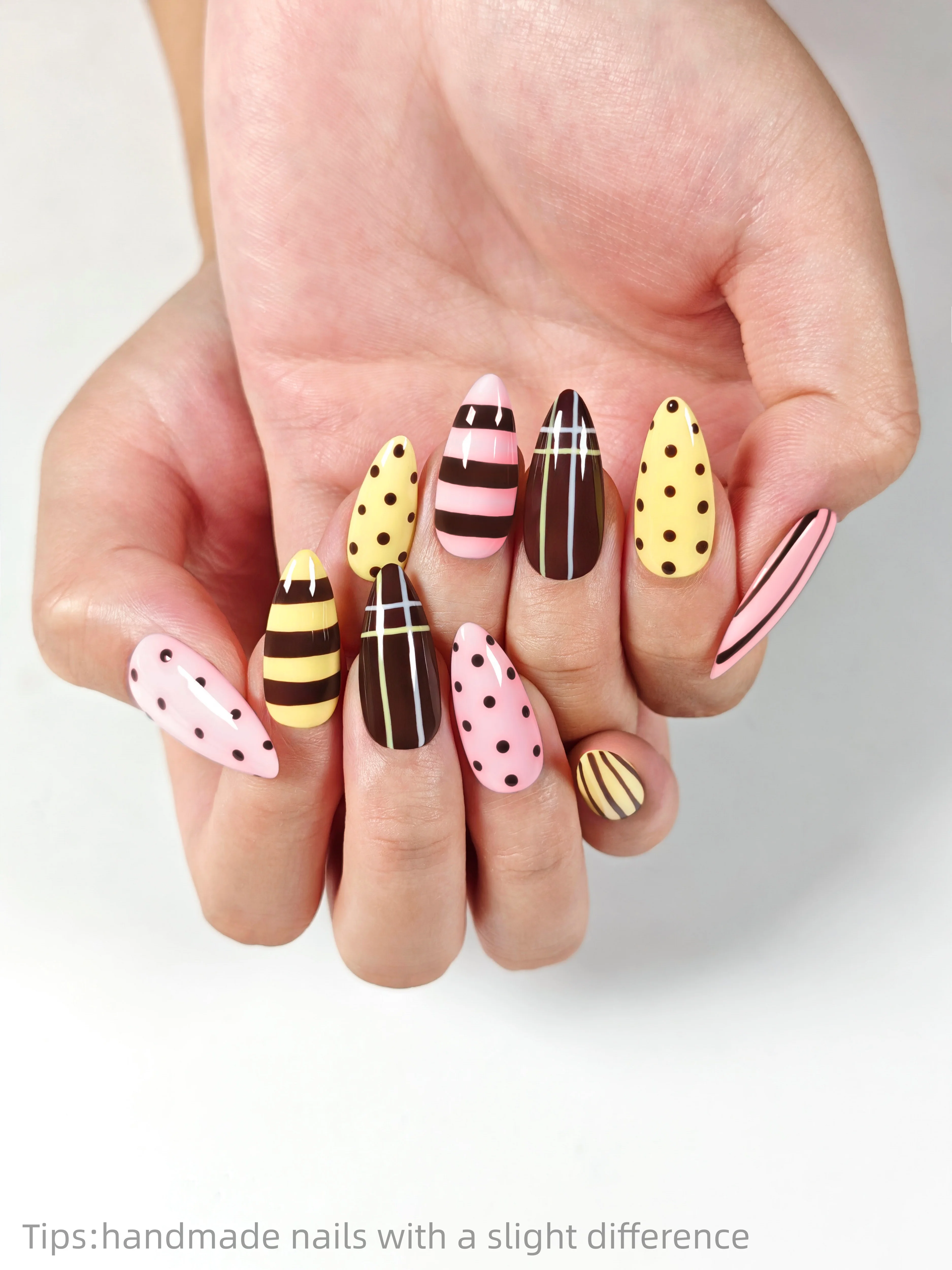 

10pcs Handmade Pink Yellow Plaid Polka Dot Press on Nails Almond Long Full Cover Wearable Reusable Cute False Nails 2026