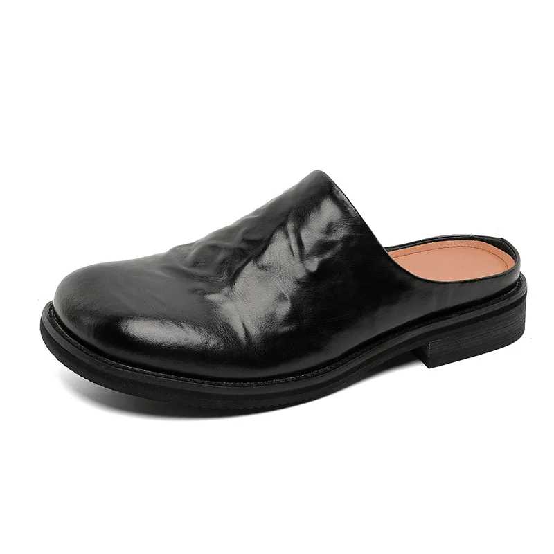 

Summer Autumn New Designer Mules for Men Black Fashion Casual Big Size Half Slippers Male Outwear Cow Leather Shoes Man