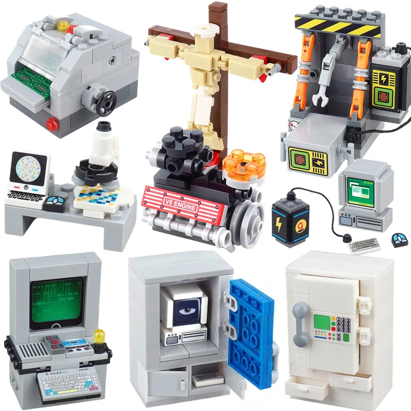MOC City Street View Building Blocks Computer Screen Desk Retro Mini Arcade Game Console Chessboard Model Bricks Kids Toys Gift