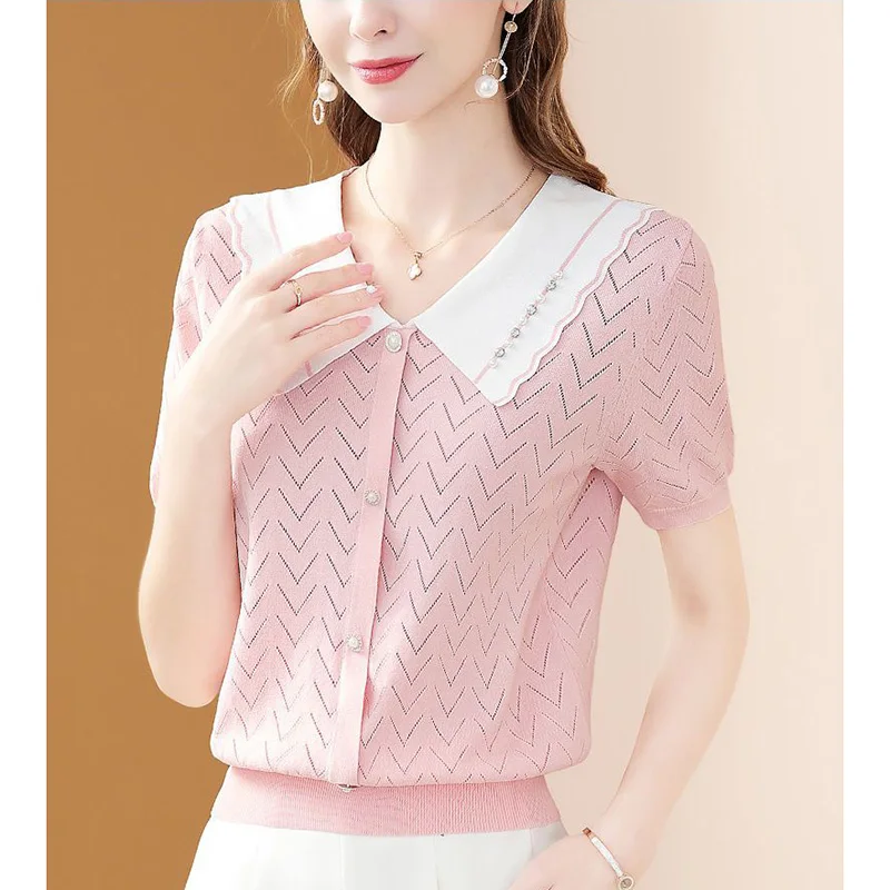 Fashion Loose Button Knitted Spliced Ruffles Beading Shirt Female Clothing 2024 Summer New Casual Tops All-match Commute Blouse