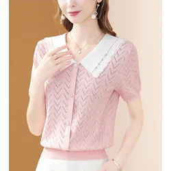 Fashion Loose Button Knitted Spliced Ruffles Beading Shirt Female Clothing 2024 Summer New Casual Tops All-match Commute Blouse