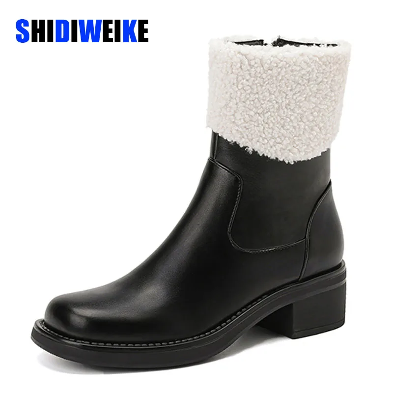 

SDWK 5cm Women's High Heels Short Boots Autumn White Fur Ankle Boots Girls' Furry Bottes Leather Shoes Waterproof Woman Pumps