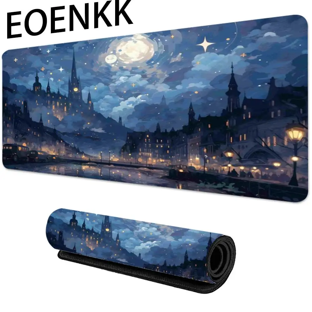 Alas Mouse Pemandangan Malam Alas Meja Permainan Kantor Komputer Besar Alas Mouse Keyboard Gaming Karet Antiselip Alas Meja Panjang