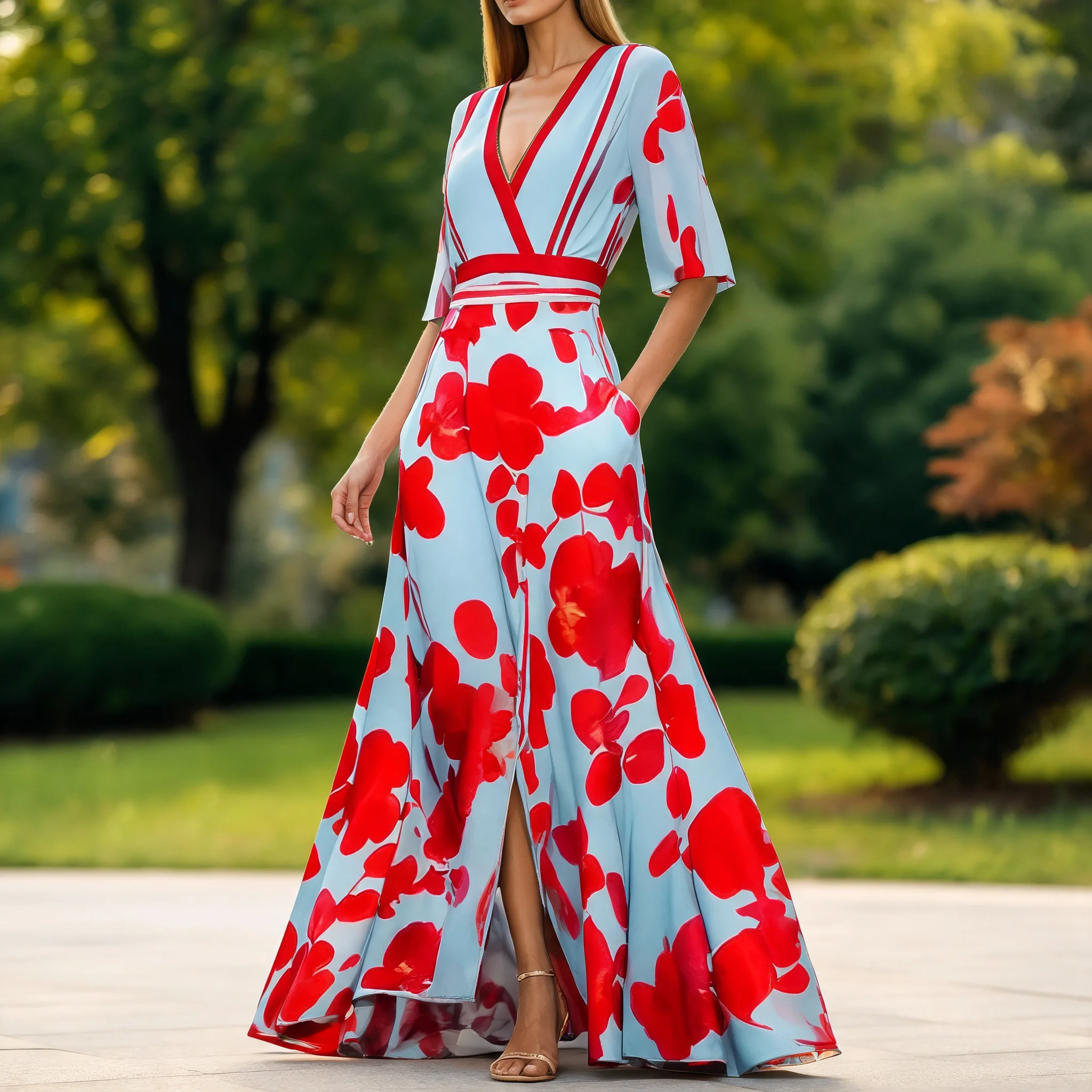 V Neck Printed Dress Maxi Length Elegant and Refined with Straight Cut Fitted Waist a Line Skirt Long Skirt Dresses for Women