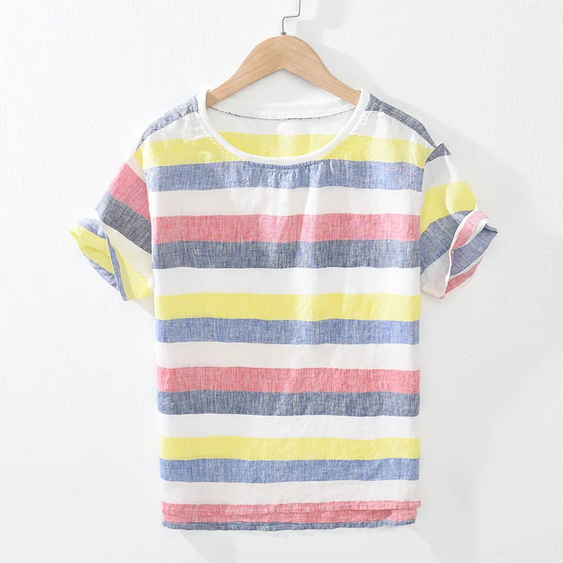 

Men Summer Japan Style Round Neck Candy Color Stripped Short Sleeve 100% Linen Slim Fit Casual Loose T-shirt Male Thin Top Tee