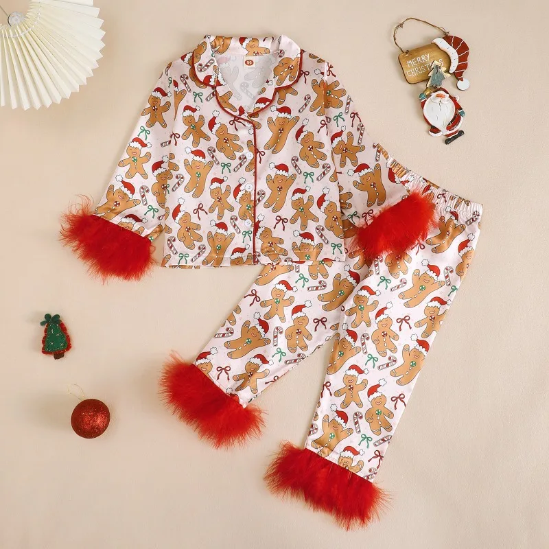 Spring and Autumn Girls Christmas Printed Rough Edge Pajama Set Pajama Cardigan Lapel Long Sleeve Loungewear Set