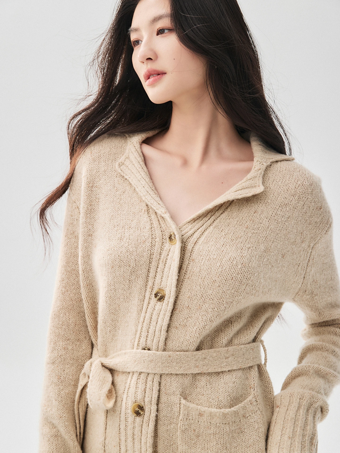 Women 100% Cashmere Cardigan Autumn Winter V Neck Button  Drawstring Long Sleeve Sweater Soft Warm Knit Top