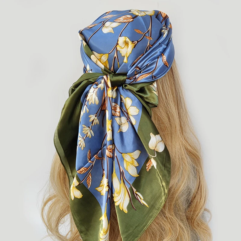 Headcloth Print 90X90CM Shawls Popular Flower Square Kerchief Luxury Sunscreen Silk Scarves Four Seasons Fashion Bandannas