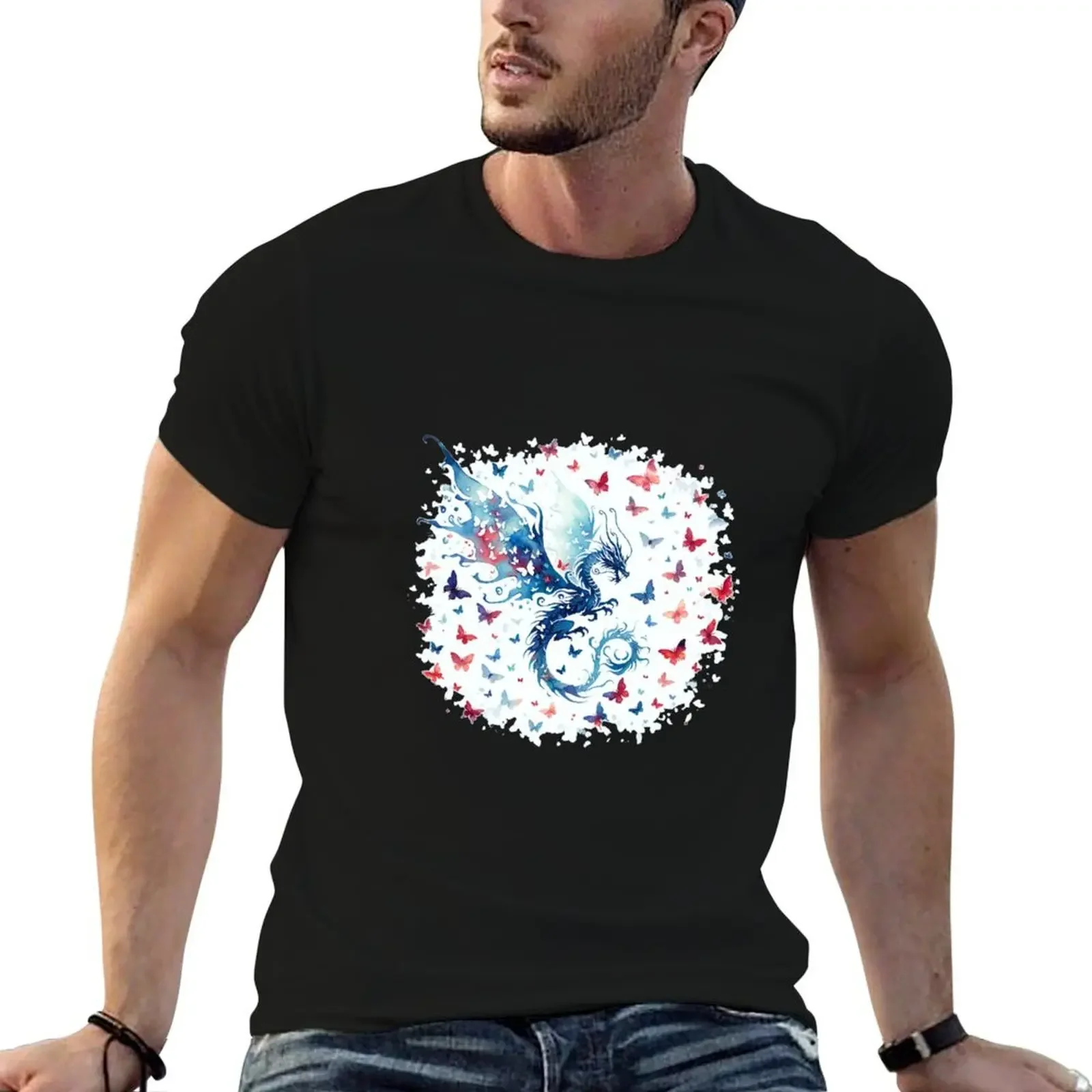

Dragon with butterflies T-Shirt oversized t shirt funny gifts blue archive mens shirts graphic tee
