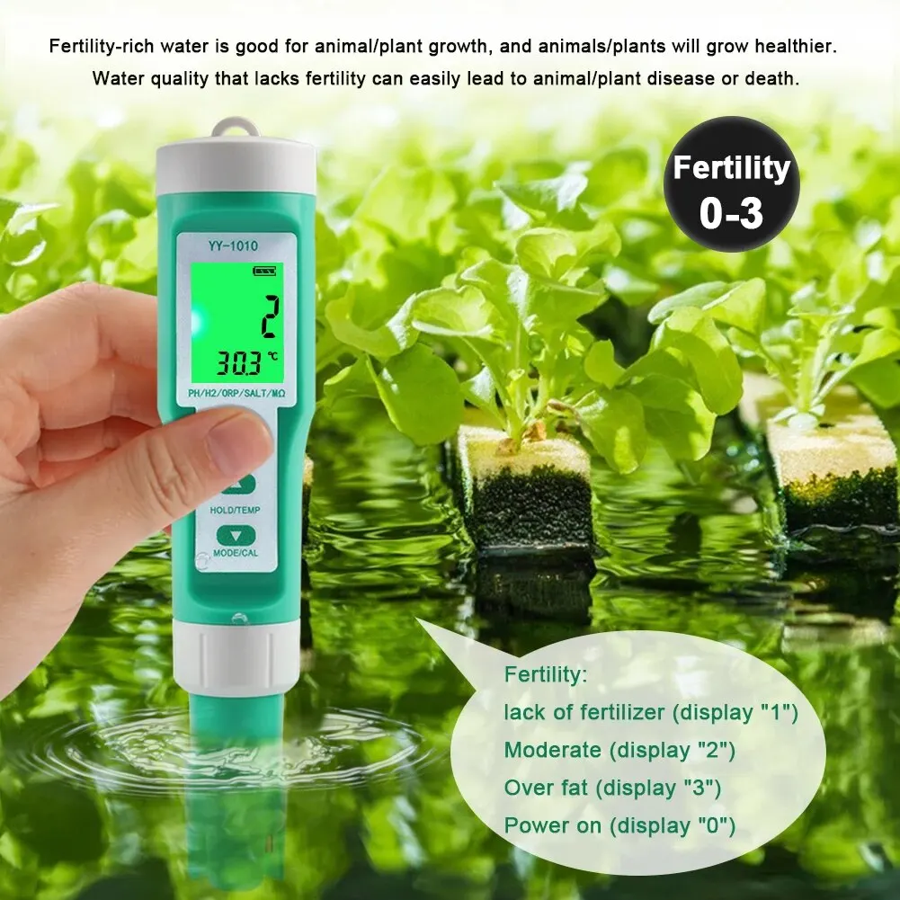 Yieryi TDS EC PH Salinity Meter ORP H2 S.G TEMP Water Quality Monitor Solution Fertilizer Resistivity Tester for Pools,Aquariums