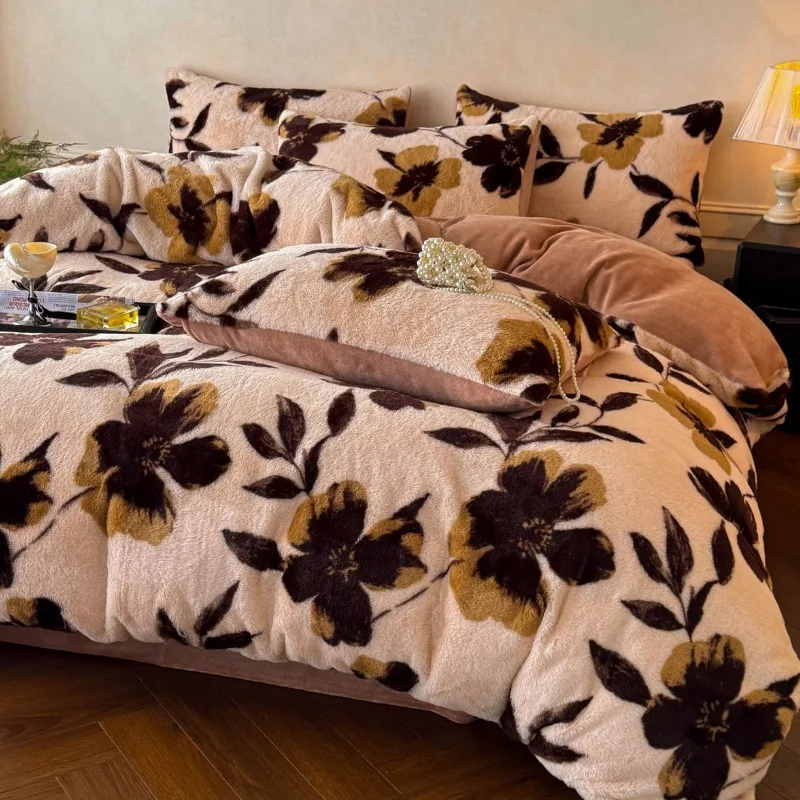 

New class A thickened imitation rabbit hair carved milk fleece four-piece set winter coffee color warm fleece quilt set