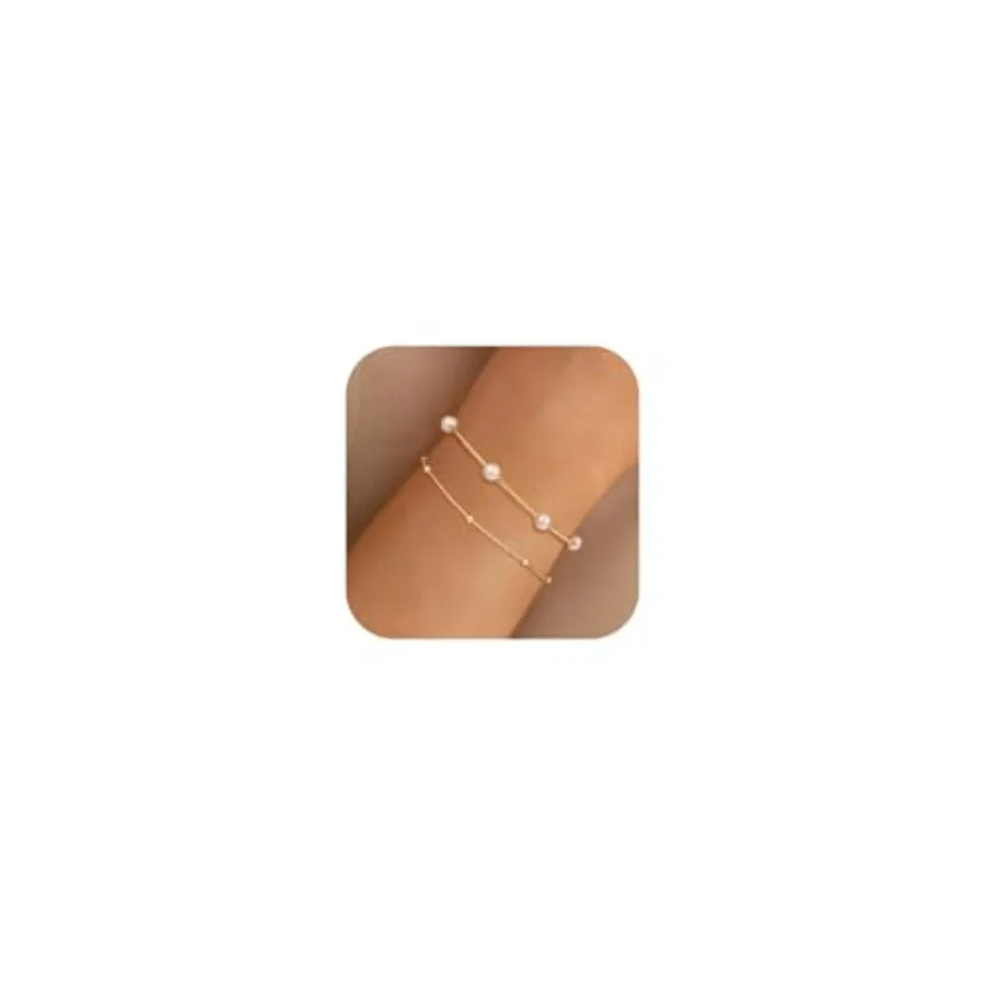 

14K Gold Plated Pearl Bracelets for Women, Dainty Bracelets Stack Trendy Pearls Beaded Link Chain Charm Bracelets Set Layered T
