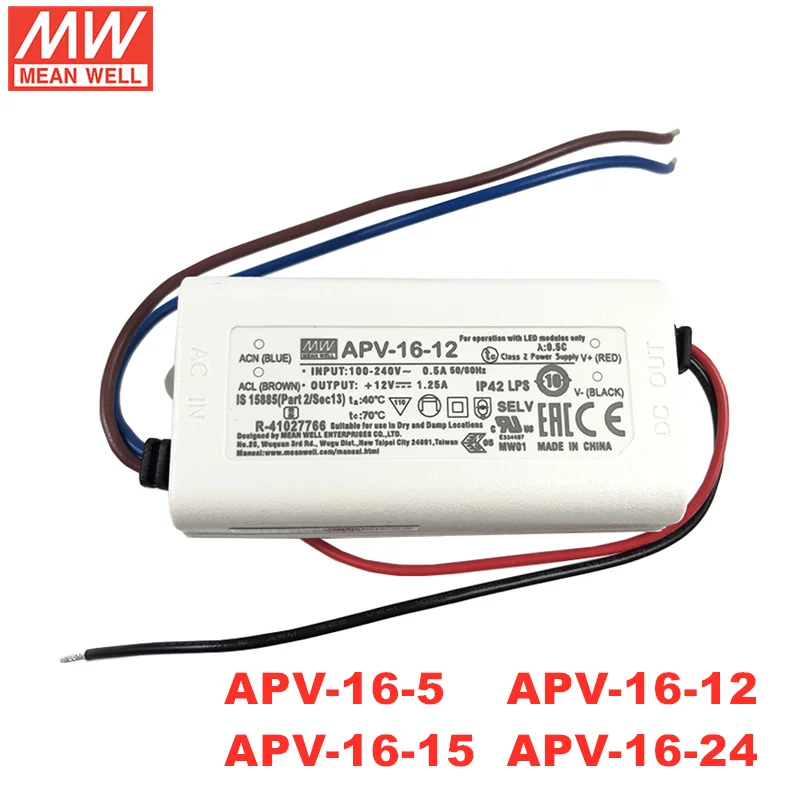 MEAN WELL APV-16 Series 13W 15W 16W Constant Voltage Power Supply LED Driver APV-16-5 APV-16-12 APV-16-15 APV-16-24