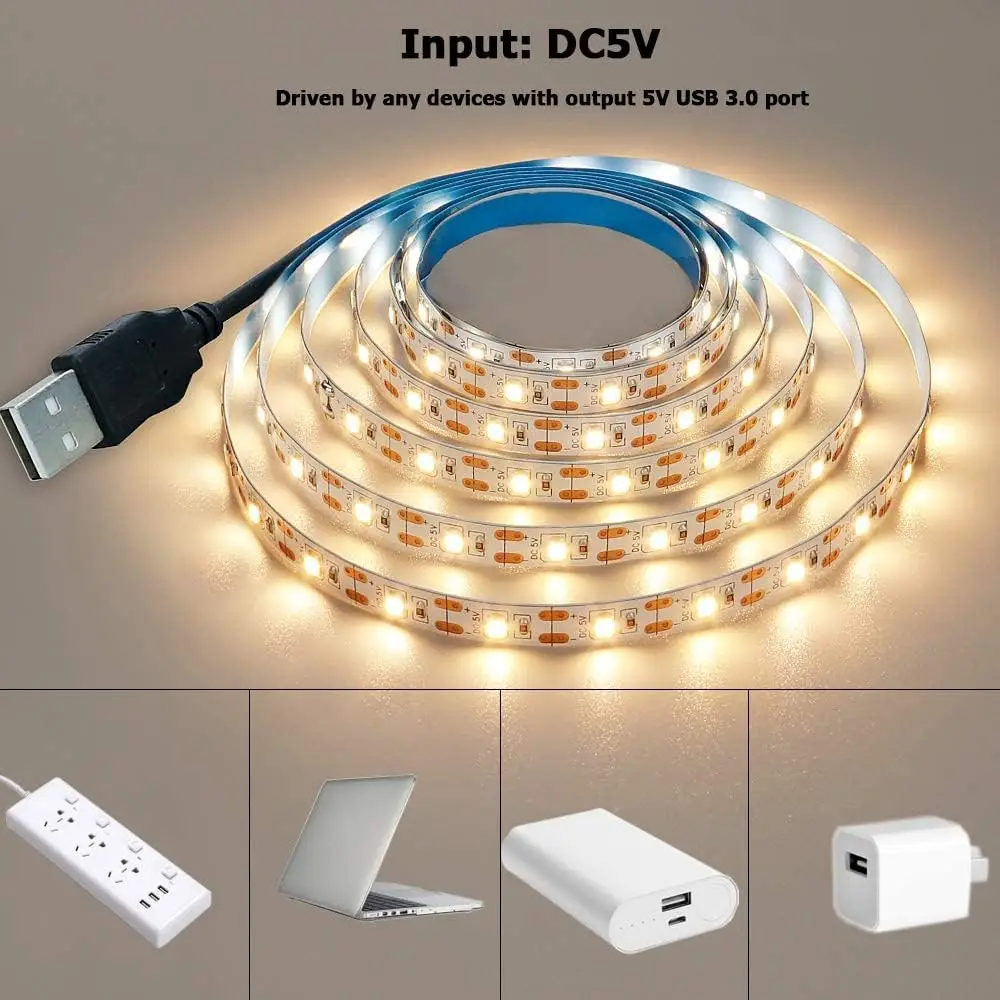 DC 5V USB LED Strip 2835 Putih Hangat Led Strip Cahaya TV Latar Belakang Pencahayaan Pita Dekorasi Rumah Lampu 1M 2M 3M 4M 5M Le