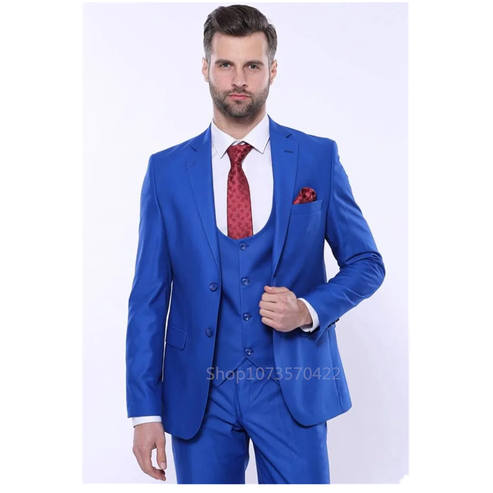 

3 Piece Blue Notch Lapel Single Breasted Wedding Suits for Men Fashion Formal Best Man Groom Tuxedos Slim Fit Costume Homme