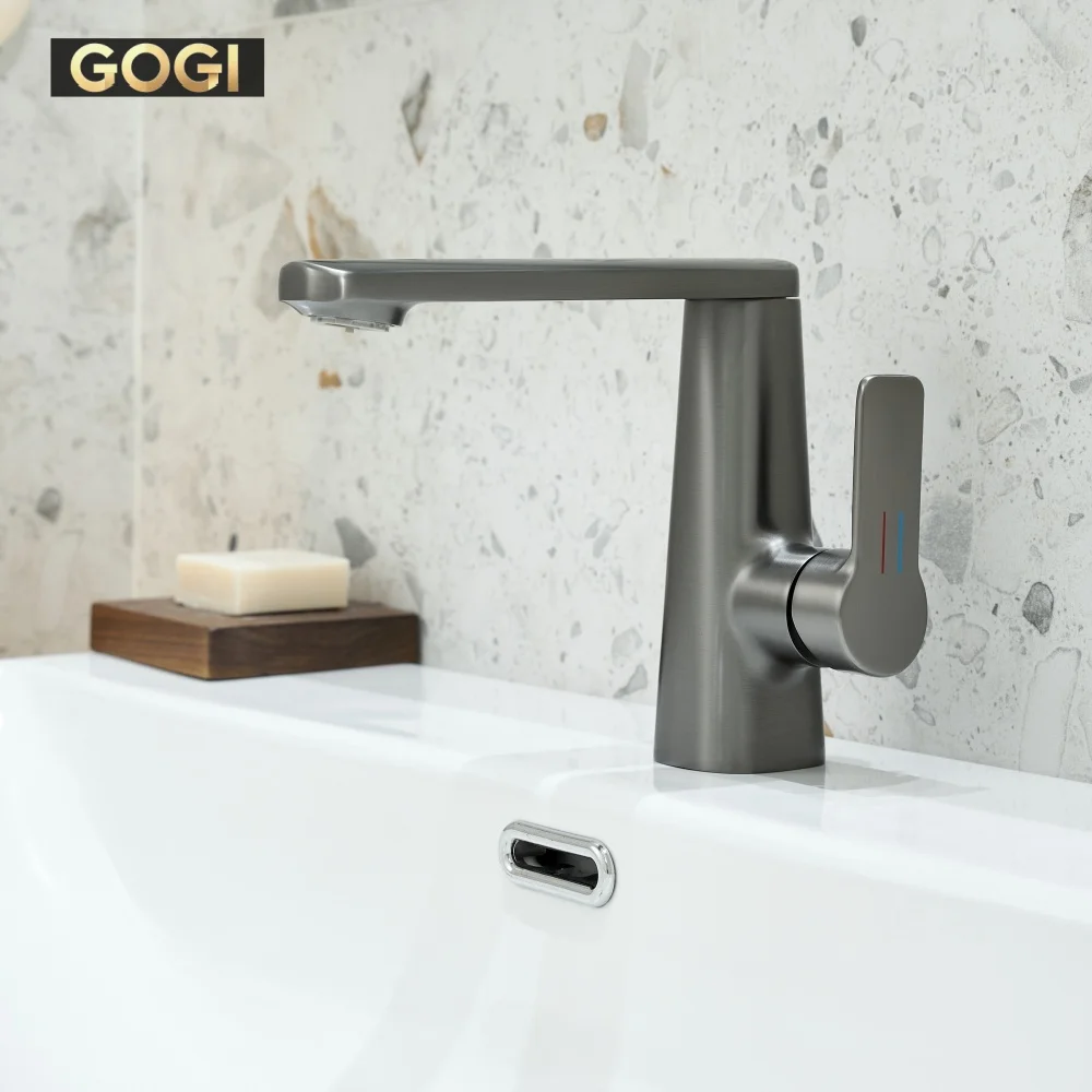 GOGI Solid Brass Brushed Gunmetal 360°Rotatable Spout Ceramic Valve Core 2 Water Modes Hot Cold Water Bathroom Basin Faucet