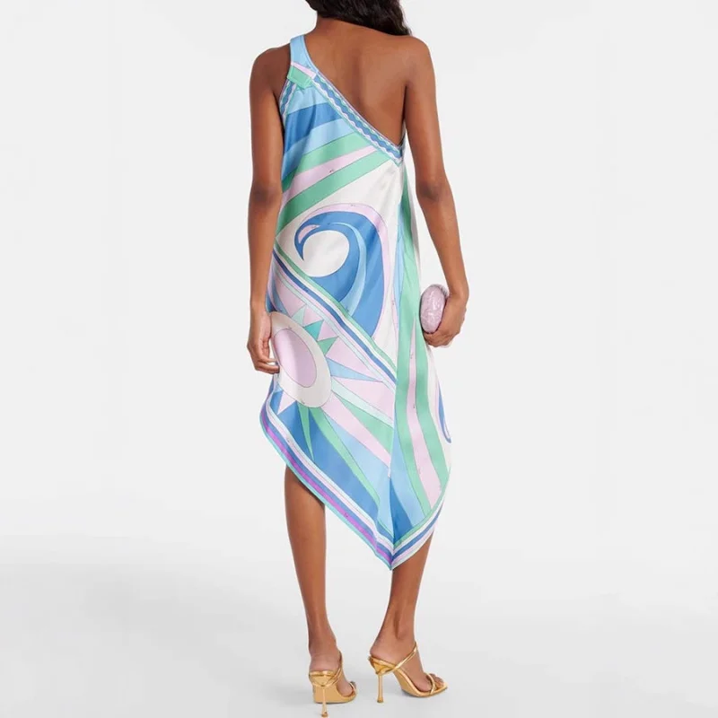 Sexy Slant Shoulder Satin Vacation Dress Women Elegant Print Backless Irregular Short Dress Casual Sleeveless Loose Party Dress