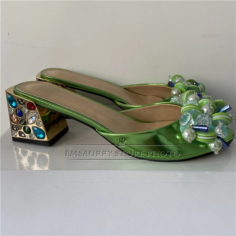 Bling Sequins Pearl Beads Flower Sandals Women Colorful Rhinestone Square Heel Patent Leather Slingbacks Mules Summer