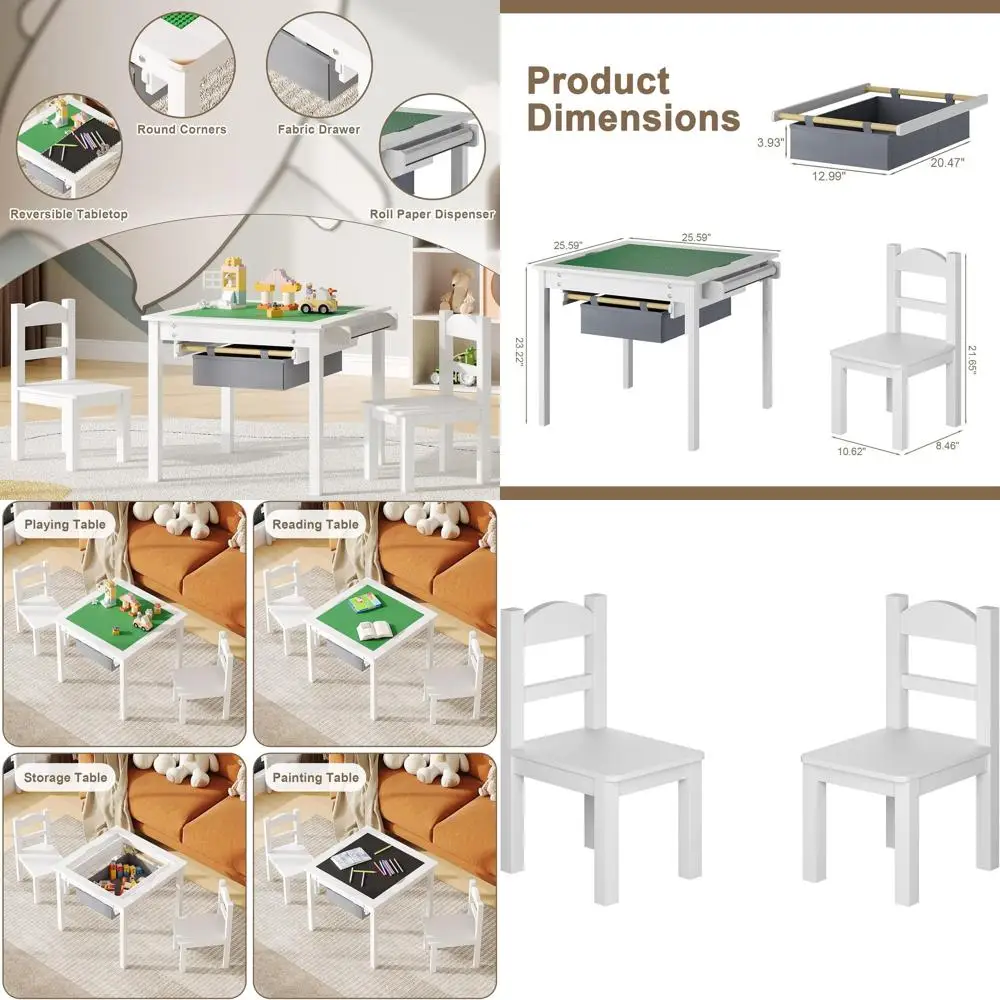 

Reversible Top Wooden Toddler Table and Chair Set, 2-in-1 Activity Desk with Storage Drawers, Play and Learn with Blocks or Read