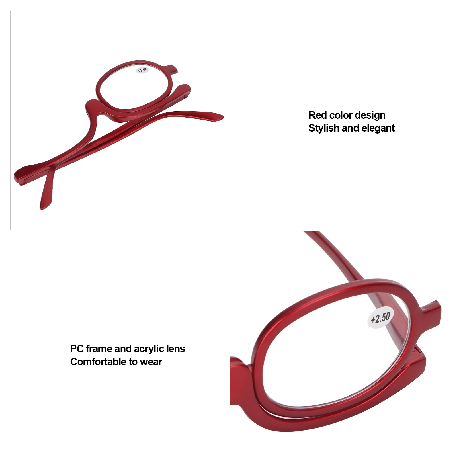 Magnifying Makeup Glasses Single Lens Rotatable Fashionable Eye Make Up Glasses for Women Red Magnifying Make Up Eyeglasses