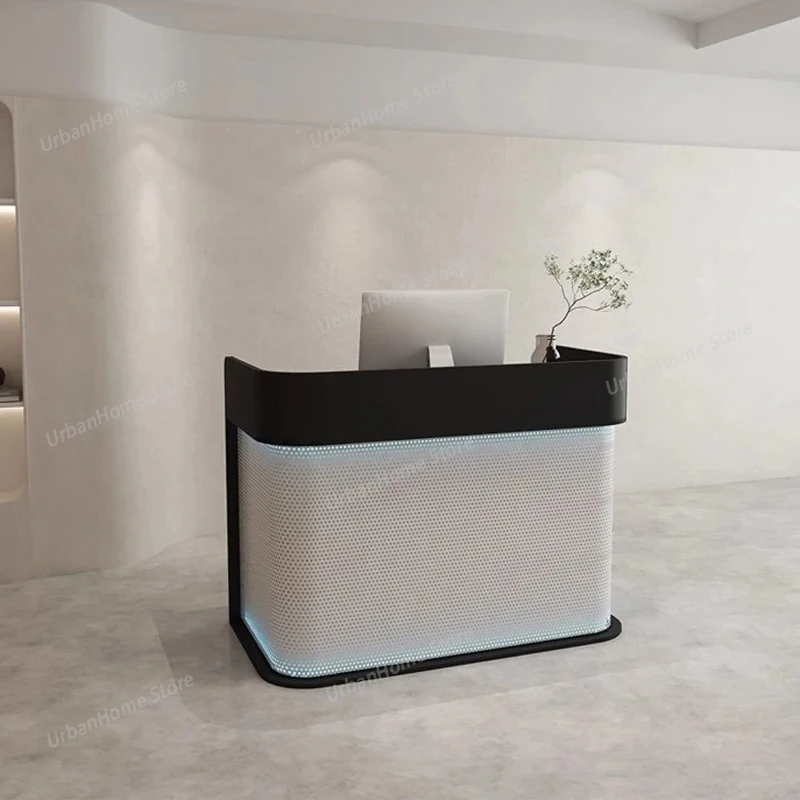 

Hotel Industrial Reception Desks Black Led Lights Minimalist Reception Desks Aesthetic Corner Mostrador Commercial Furniture