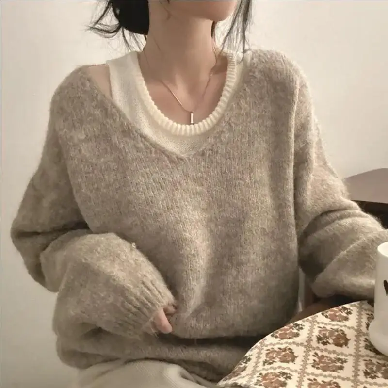 Pull confortable à épaules dénudées pour femme, deux pièces, ample, gris, tricoté, nouvelle collection automne hiver 2025