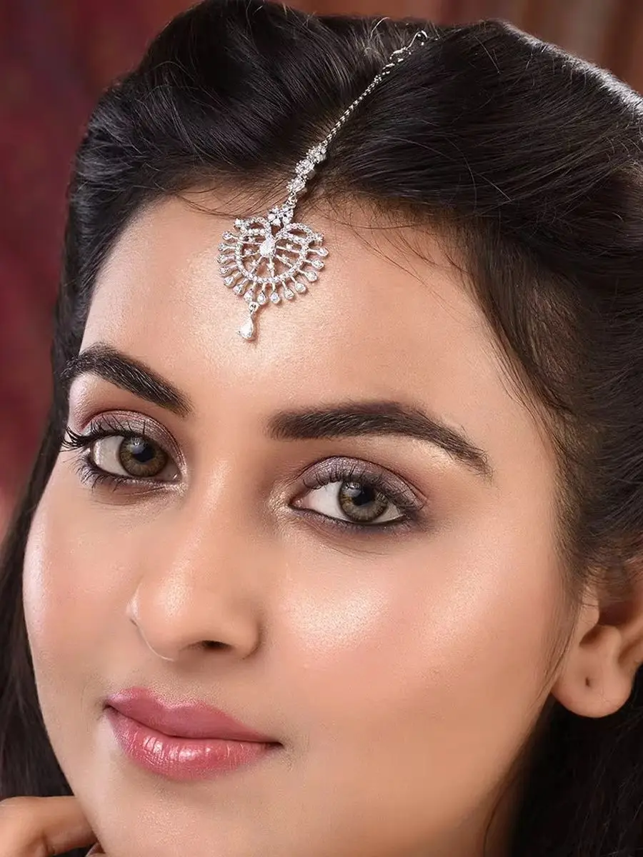 Round Teardrop Rhinestone Vintage Sun Tikka Maang Hair Head Chain Women Wedding Ethnic Bridal Forehead Jewelry Accessory
