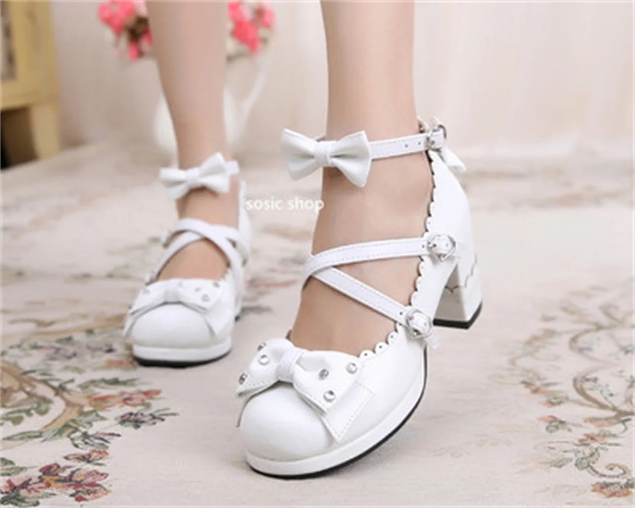 Lolita Japanese Rhinestone Bow Jk Sweet Cute Strap High Heeled Round Head Student Shoes Kawaii Girl Tea Party Cos Loli Vintage