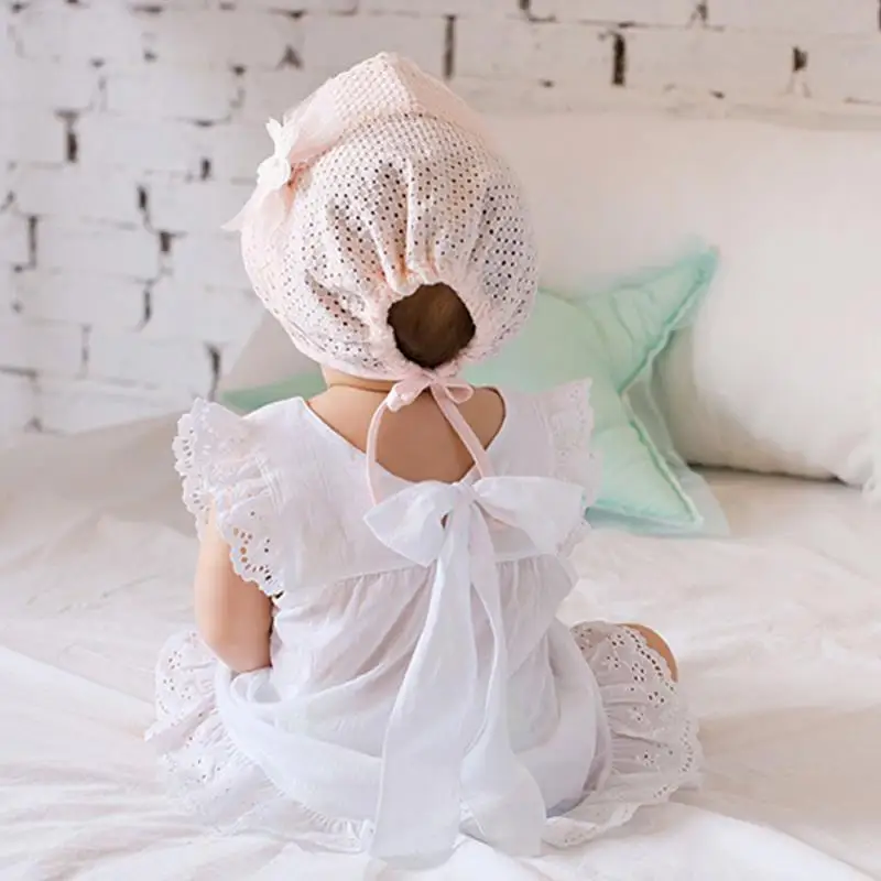 Lace Flower Hollow Baby Cap Summer Cute Princess Baby Girl Hat With Bow Solid Color Infant Toddler Bucket Hat