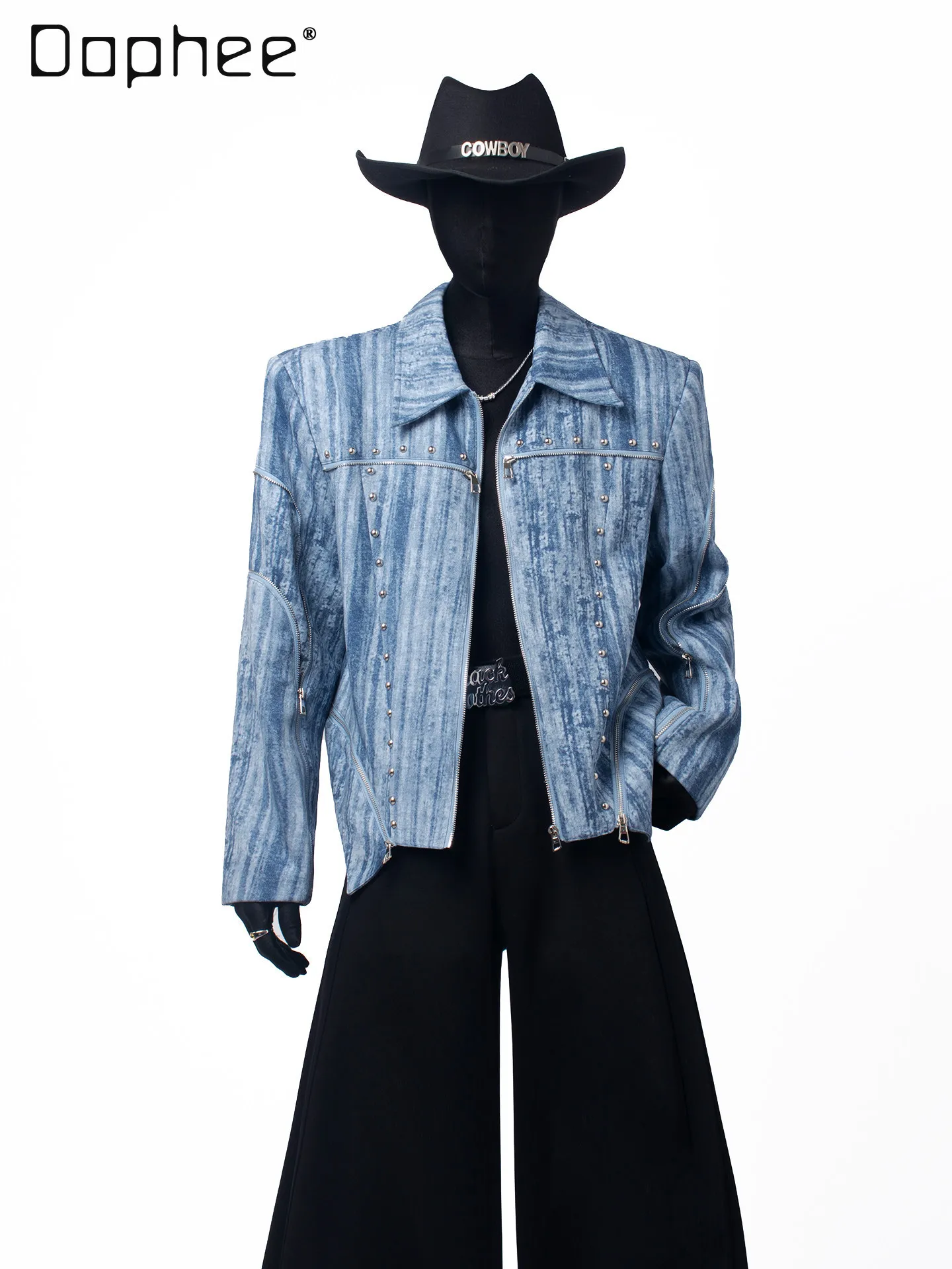 

Spring Autumn New American Retro Street Style Cool Handsome Men's Loose Casual Washed Blue Short Irregular Riveted Denim Jacket