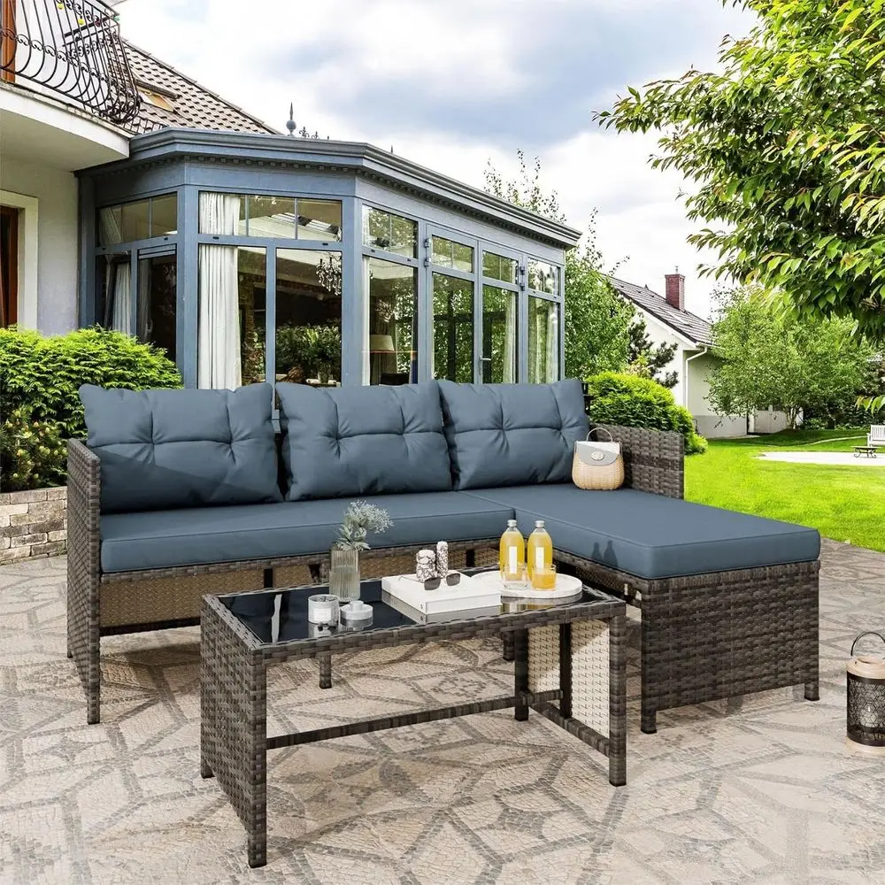 

All-Weather Wicker Outdoor Sofa Sectional Set with Cushions and Blue Glass Table for Patio or Garden