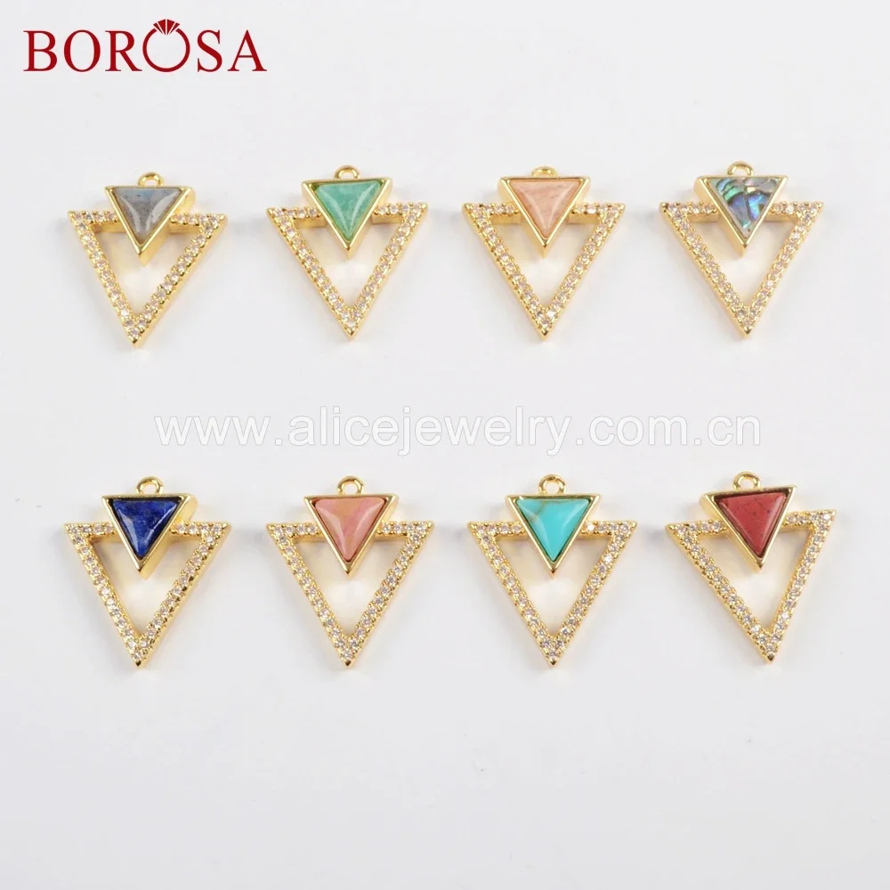 BOROSA 7PCS Micro Pave CZ Golden Color Triangle Shaped Faceted Blue Howlite Abalone Shell Jewelry Charm for Earring Making