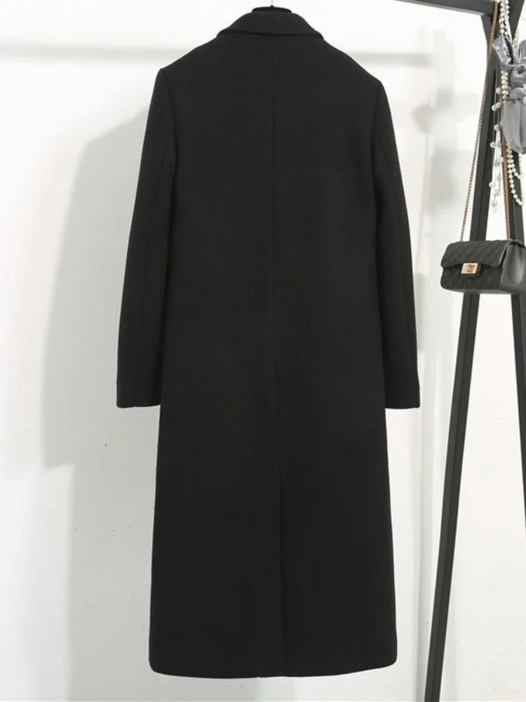 

Женские смешанные шерстяные пальто, зимние черные X-длинные минималистичные двубортные пальто с зубцами, утепленные элегантные офисные женские пальто XQ53