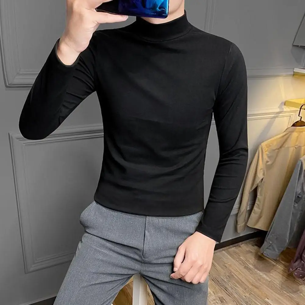 Fashion Autumn Men Shirt Solid Color Warm Thermal Half-high Collar Pullover Slim Fit Long Sleeve Elastic Plush Spring Top