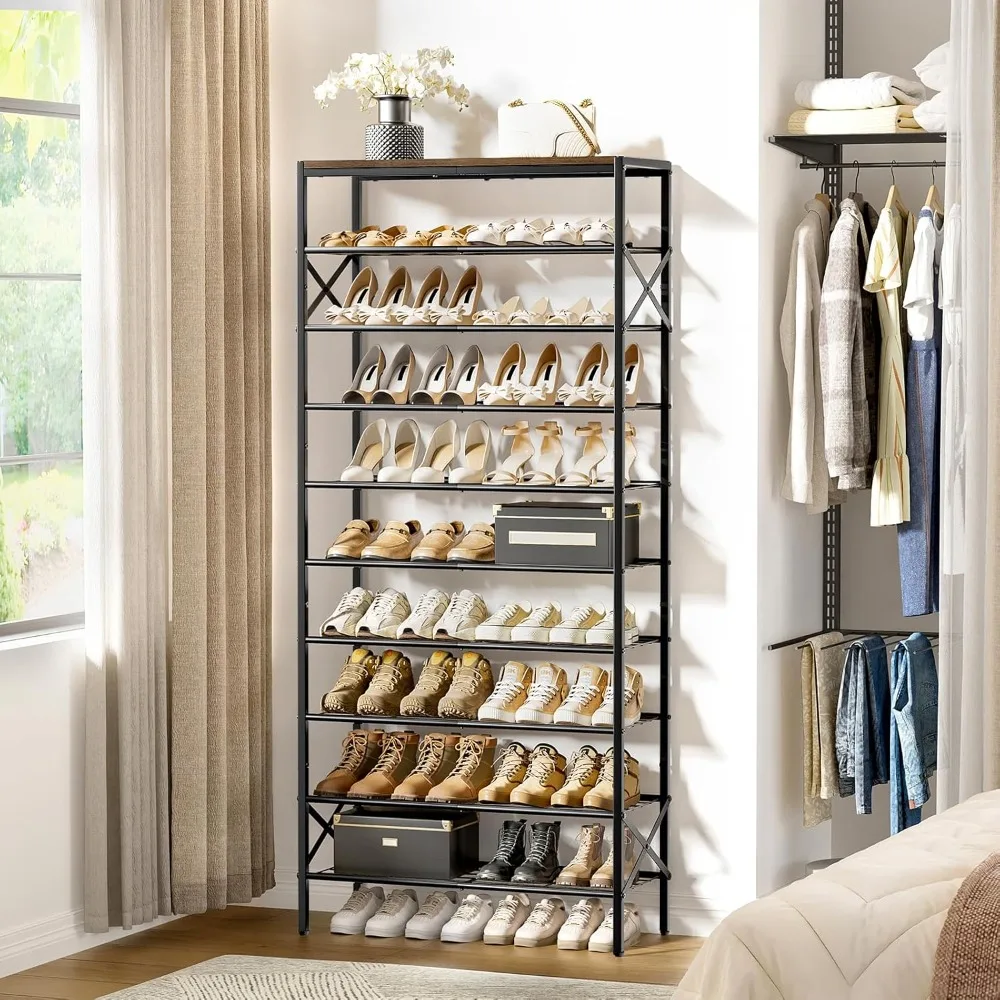 

10-Tier Tall Shoe Rack Organizer Shoe Storage,30-40 Pairs Metal Shoe Rack with Wooden Top Shelf for Garage Rustic Brown