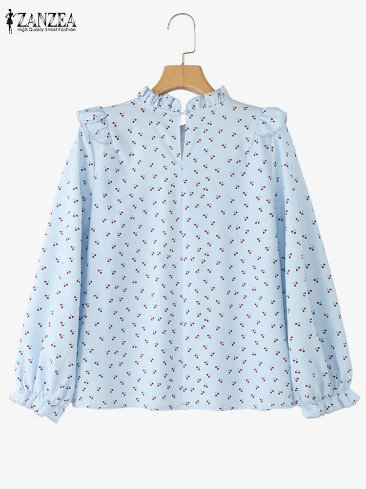 خمر قميص مطبوع ZANZEA المرأة عادية كم طويل بلايز الربيع الوقوف الرقبة العمل بلوزة أنيقة الكشكشة عطلة Blusas تونك