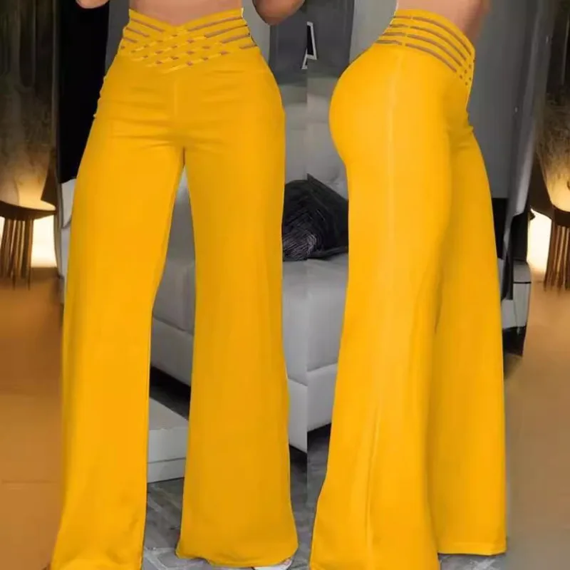 2024 Women's Hollow Waistband Pants with A Stylish Commuting Micro Flared Design, High Waisted Casual Wide Leg Pants