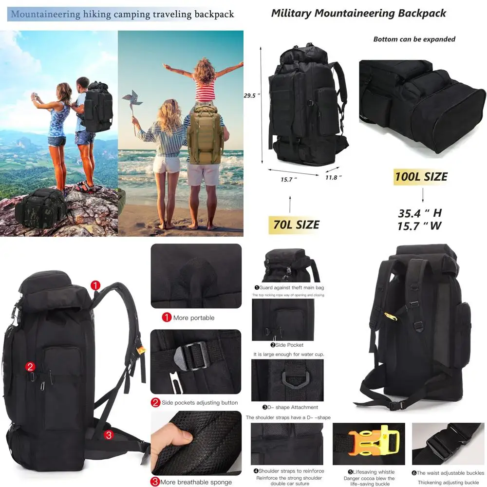 

Водонепроницаемый военный рюкзак на 100 л для мужчин — совместимый с системой MOLLE, для походов, охоты и выживания, с регулируемой подвеской