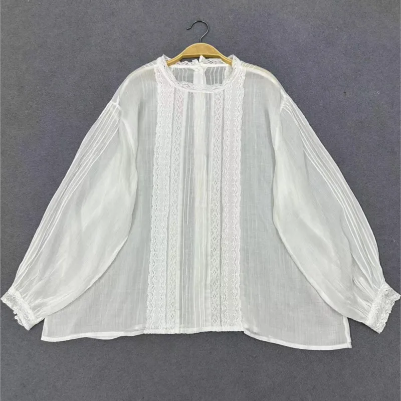 Johnature Japanese Vintage French Ramie Shirts Women 2024 Summer New Lace Patchwork Light Linen Casual Tops