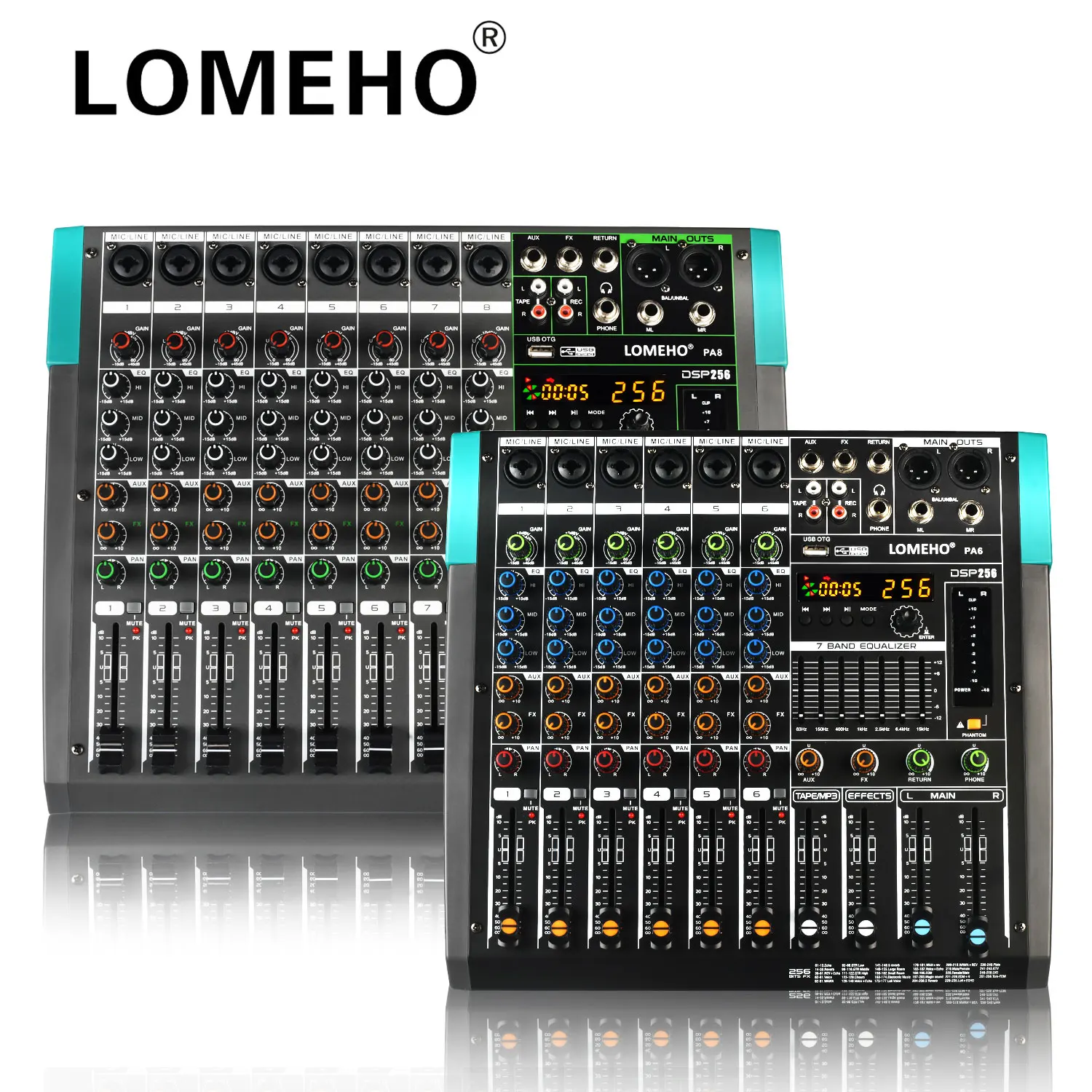 

LOMEHO BT Mixing Console 256 Digital Effects Sound Table 7 Band EQ 8 Channels Audio Mixer 48V USB Play Record DJ Controller PA8