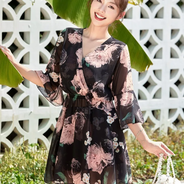 

Новый женский модный купальник-бикини с принтом, двухслойный, с рюшами, двойными бретелями, цветочным узором, длинными рукавами, для пляжного отдыха