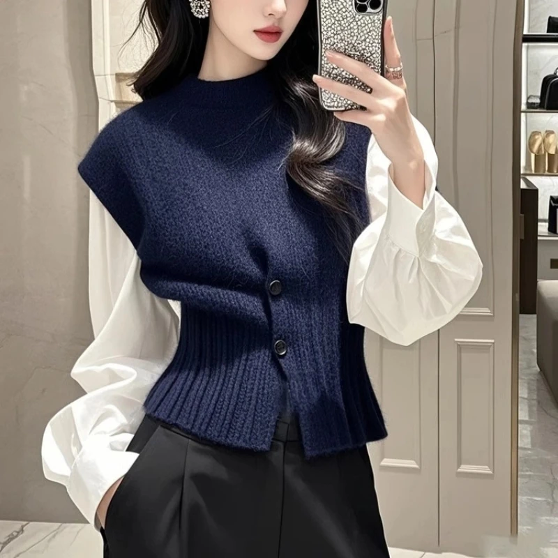 

Design Sense Splicing Long Sleeved Knitted Vest for Women's Spring and Autumn New Style Temperament Shirt Top