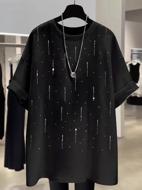 Summer New Women's Loose Casual Short Sleeve T-shirt Heavy Embroidery Meteor Shower Design Cotton Moisture Wicking round Neck
