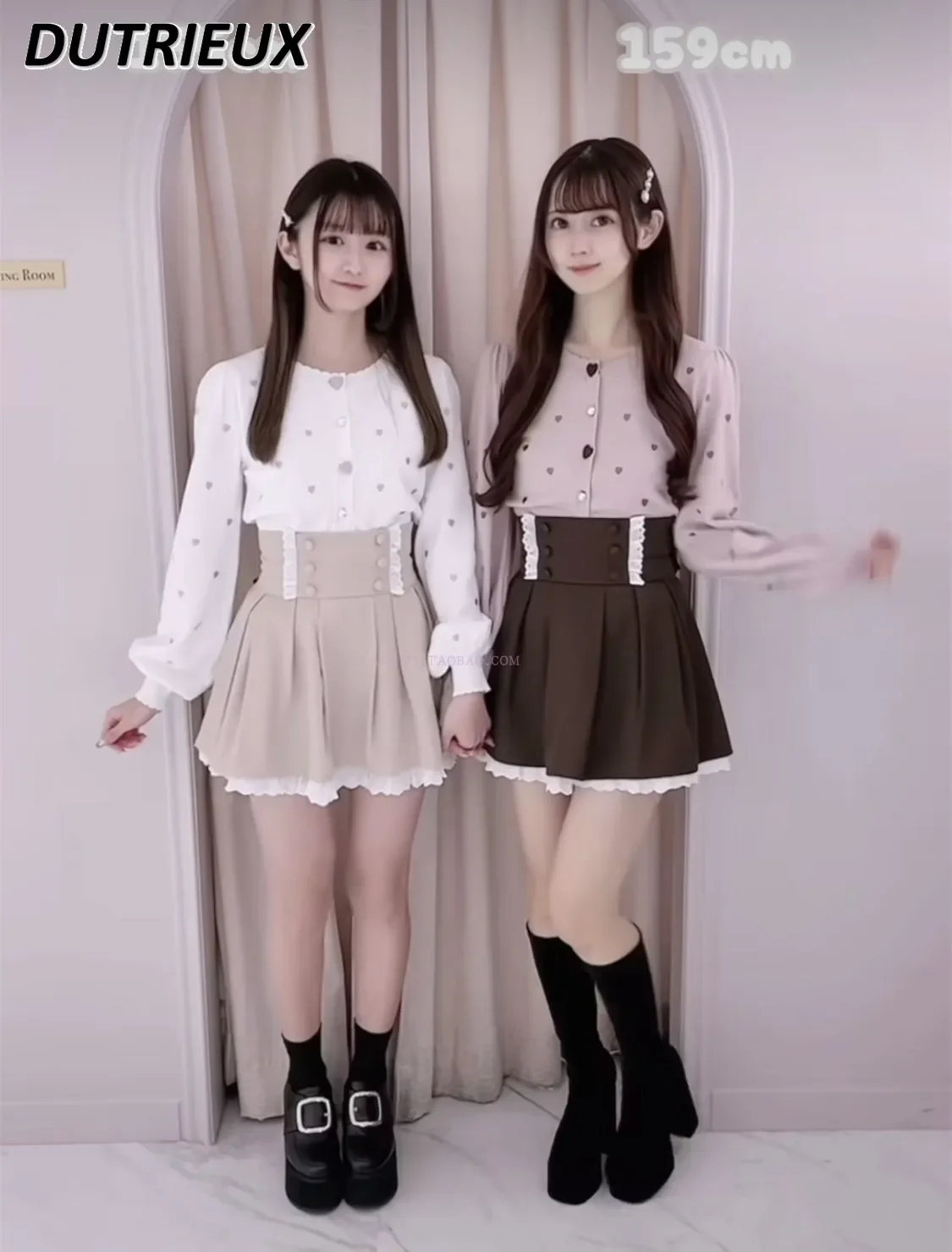 Japanese Style Mine Mass-Produced Women's Heart Embroidery Round Neck Short Sweater Coat Sweet Cute Buckle Knitted Cardigan