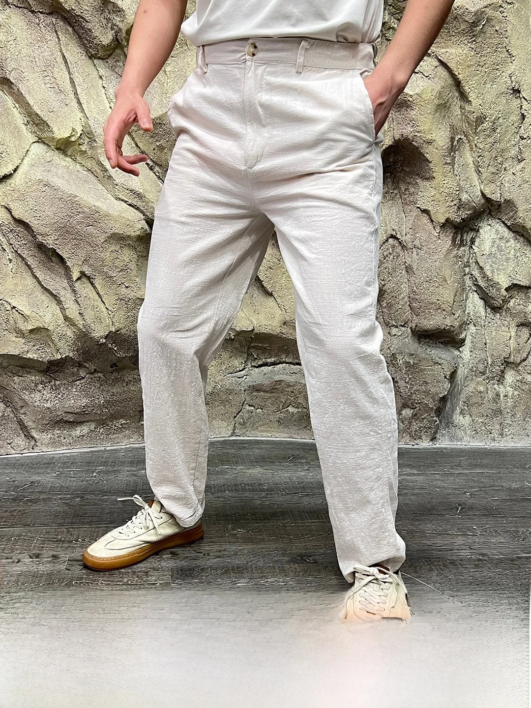 Men's Cotton Linen Blend Casual Pants Anti-Wrinkle Breathable Drapey Versatile Spring Summer Straight Leg Elastic Waist