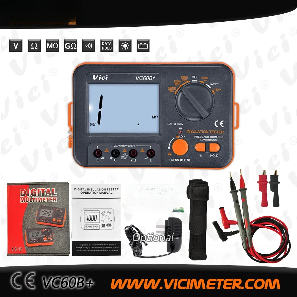 60B+ Digital Insulation Resistance Tester 1000V  Test DC AC 2000m Ohm High Voltage Short Circuit Input Alarm VC60B