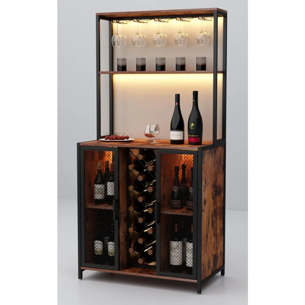 Wine Bar Cabinet com luzes LED, Industrial Coffee Bar, Buffet Aparador com prateleiras ajustáveis, mesa de cozinha, 5-Tier