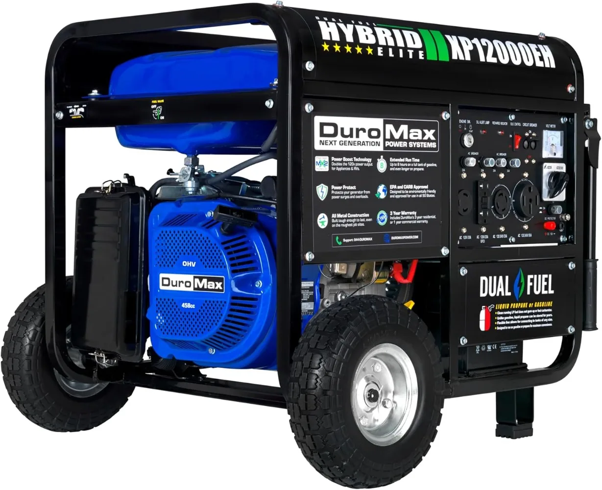 12000 Watt Gas or Propane Powered Home Back Up & RV Ready, Electric Start Portable Generator, Black and Blue