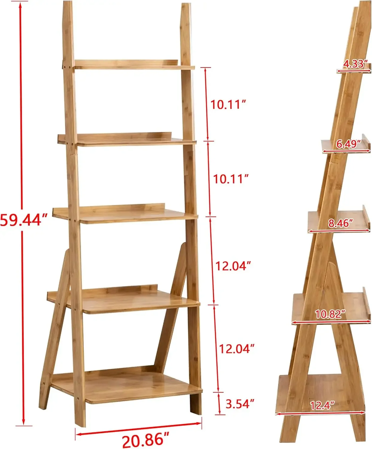 Bamboo Ladder Shelf Bookcase, 5-Tier Leaning Bookshelf Free Standing Organizer Storage Shelves for Living Room, Bedroom, Kitchen