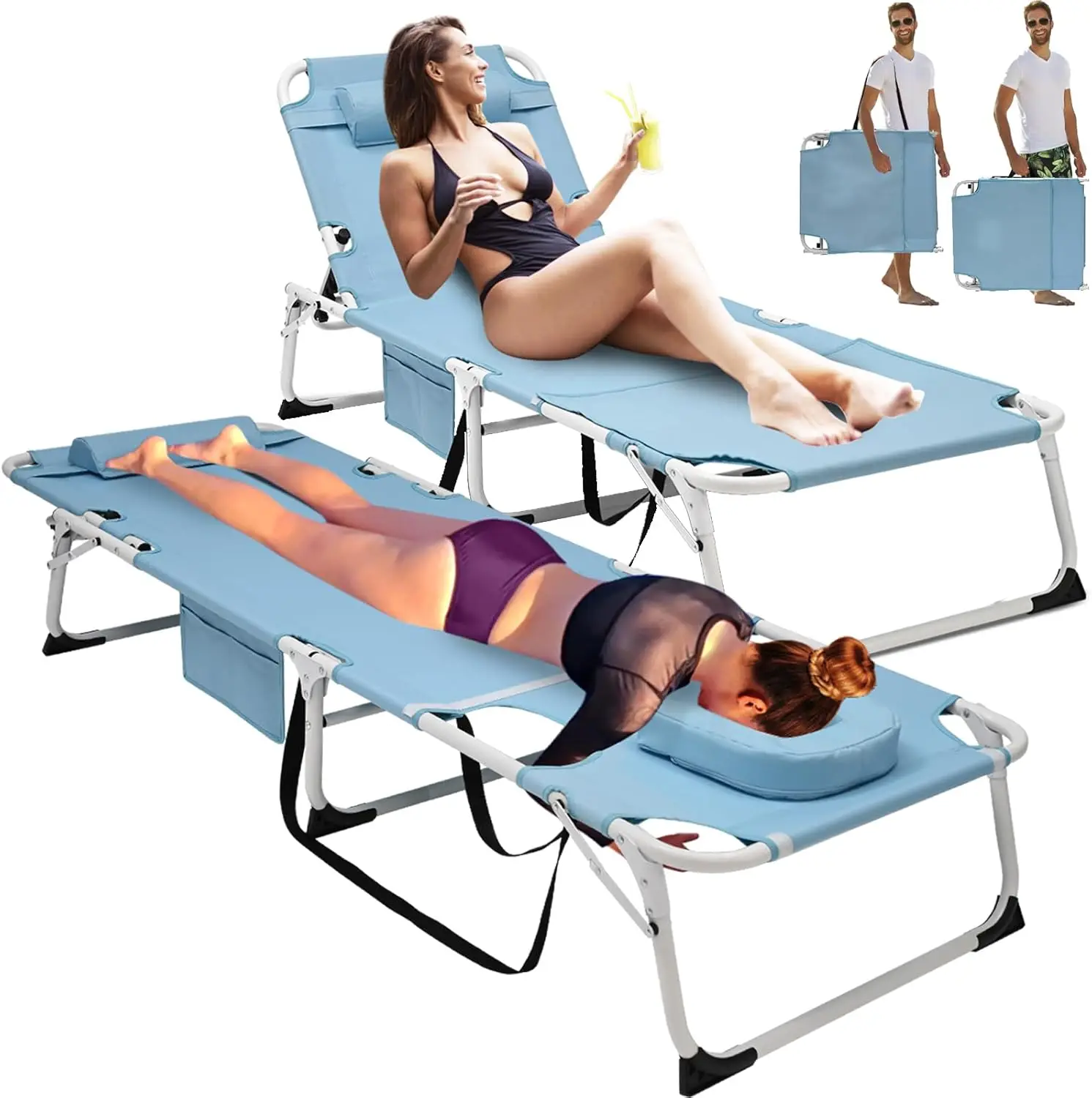 2PACK 3IN1 Chaise Lounge, 500lb Bearing Heavy Duty Adjustable Sun Tanning Lounge Chair, with Mattress, for Beach, Poolside